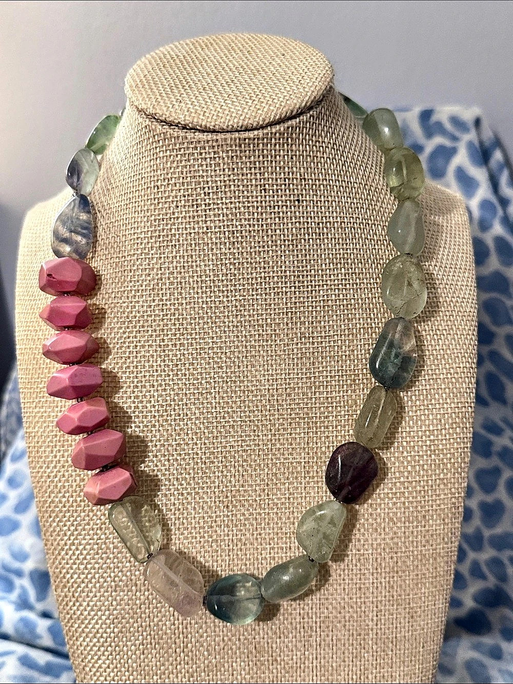 Chunky Rainbow Fluorite Statement Necklace, Tumbled Pastel Gemstone Beaded Colla